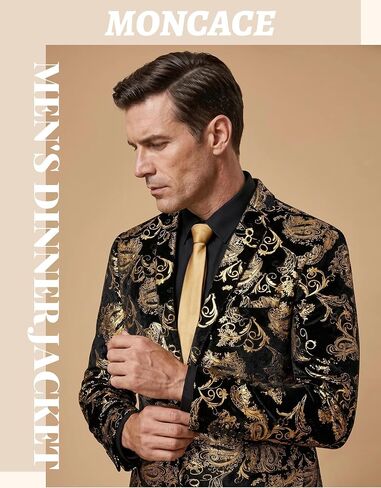 Men's Floral Velvet Tuxedo Blazer, Slim Fit Gold Paisley Printed Dinner Jacket, Luxury Formal Dress Tuxedo for Men in Saudi Arabia