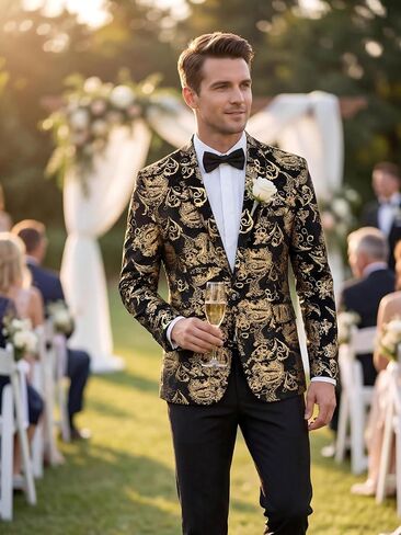 Men's Floral Velvet Tuxedo Blazer, Slim Fit Gold Paisley Printed Dinner Jacket, Luxury Formal Dress Tuxedo for Men in Saudi Arabia