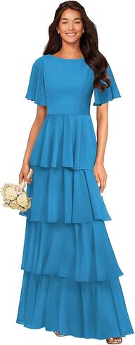 Tiered Chiffon Bridesmaid Dresses with Flutter Sleeves Ruffles A Line Long Formal Prom Dress for Women in Saudi Arabia