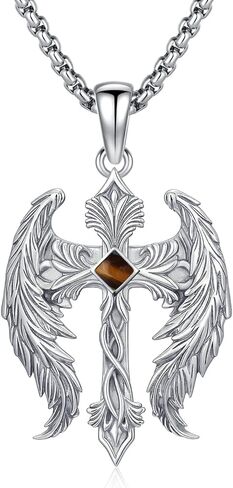 Cross Necklace for Men Angel Wings Cross Pendant Necklaces Angel's Wing Jewelry Birthday Gift for Men in Saudi Arabia