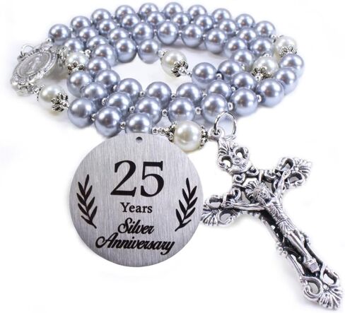 Anniversary Rosary 25th Anniversary Rosary Silver Glass Pearl Rosary Catholic Anniversary Gift Catholic Beads Religious Anniversary Gift in Saudi Arabia