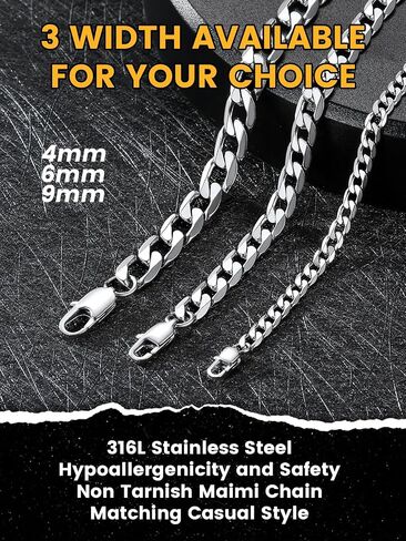 KeyStyle Chunky Cuban Chains for Men,Stainless Steel Figaro Chain Necklace, Venetian Chain Curb Chain Hip Hop Jewelry,3/4/6/9/12/14mm Width,14-30 inch Length, Black/Gold Plated/Silver in Saudi Arabia