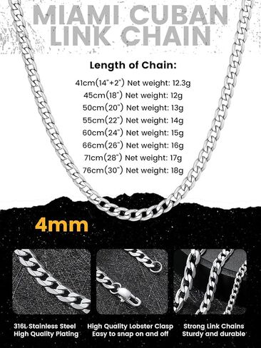 KeyStyle Chunky Cuban Chains for Men,Stainless Steel Figaro Chain Necklace, Venetian Chain Curb Chain Hip Hop Jewelry,3/4/6/9/12/14mm Width,14-30 inch Length, Black/Gold Plated/Silver in Saudi Arabia