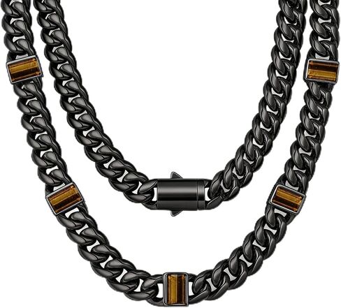 TUNGSTORY 12mm Black Cuban Link Chain for Men - Waterproof 316L Stainless Steel Tiger Eye Stone Necklace for Daily Wear & Streetwear - Hypoallergenic Protective Gemstone Jewelry Gift (22 Inch) in Saudi Arabia