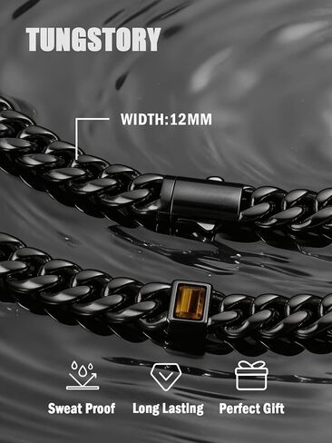 TUNGSTORY 12mm Black Cuban Link Chain for Men - Waterproof 316L Stainless Steel Tiger Eye Stone Necklace for Daily Wear & Streetwear - Hypoallergenic Protective Gemstone Jewelry Gift (22 Inch) in Saudi Arabia