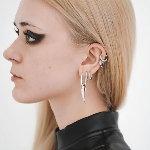 PUNKYOUTH Sharp Line Fluid Curve Earrings 18G 1mm Piercing Jewelry Edgy Minimalist Modern Claw Spike Huggie Hoop Dangle Drop For Women Men Polished Statement Everyday Wear Fashion Accessories in Saudi Arabia