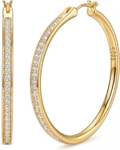 925 Sterling Silver Hoop Earrings for Women Sparkly Cubic Zirconia Large Hoops 18K White Gold Plated Hypoallergenic Lightweight Rhinestone Big Hoop Earrings 40/50MM Silver/Gold in Kuwait