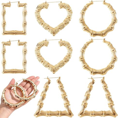 4 Pairs Extra Large Bamboo Earrings, 4 Styles 14K Gold Plated Heart Hoop Earrings, Y2k Jewelry 80s 90s Earrings for Women Themed Parties, Music Festivals, Hip Hop in Saudi Arabia