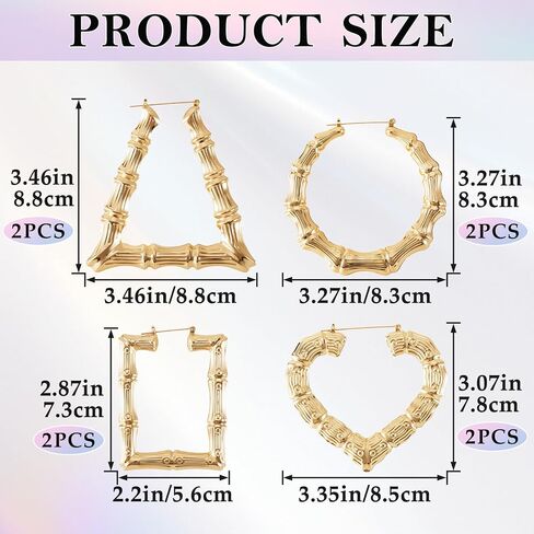 4 Pairs Extra Large Bamboo Earrings, 4 Styles 14K Gold Plated Heart Hoop Earrings, Y2k Jewelry 80s 90s Earrings for Women Themed Parties, Music Festivals, Hip Hop in Saudi Arabia