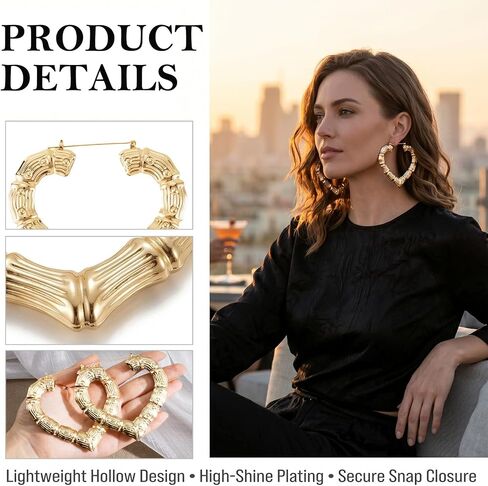 4 Pairs Extra Large Bamboo Earrings, 4 Styles 14K Gold Plated Heart Hoop Earrings, Y2k Jewelry 80s 90s Earrings for Women Themed Parties, Music Festivals, Hip Hop in Saudi Arabia