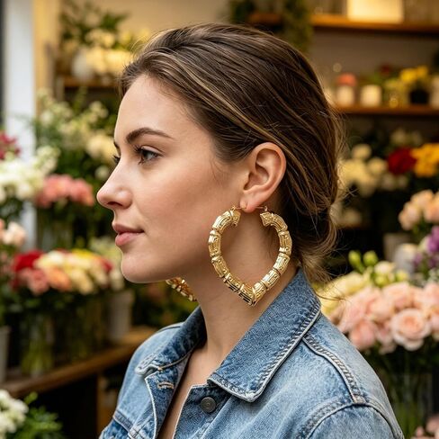 4 Pairs Extra Large Bamboo Earrings, 4 Styles 14K Gold Plated Heart Hoop Earrings, Y2k Jewelry 80s 90s Earrings for Women Themed Parties, Music Festivals, Hip Hop in Saudi Arabia