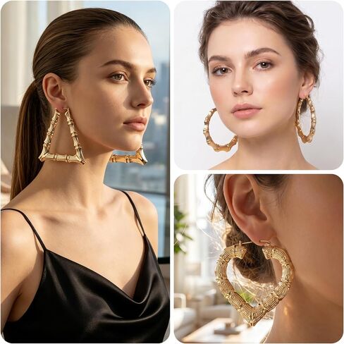 4 Pairs Extra Large Bamboo Earrings, 4 Styles 14K Gold Plated Heart Hoop Earrings, Y2k Jewelry 80s 90s Earrings for Women Themed Parties, Music Festivals, Hip Hop in Saudi Arabia