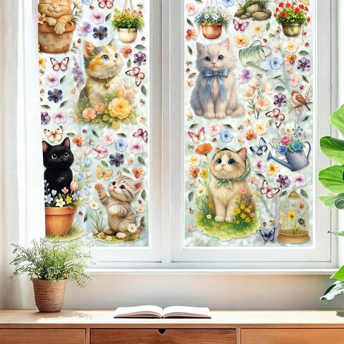 WALPLUS Spring Window Clings Spring Decorations Flower Window Clings Reusable Removable for Glass Windows Living Room Nursery Room Home Cat in the Garden 174 Pieces in Saudi Arabia
