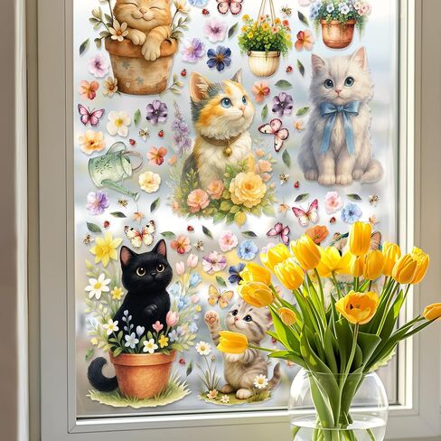 WALPLUS Spring Window Clings Spring Decorations Flower Window Clings Reusable Removable for Glass Windows Living Room Nursery Room Home Cat in the Garden 174 Pieces in Saudi Arabia