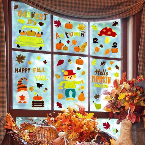 6 Sheet Fall Window Clings Gel, Happy Thanksgiving Autumn Harvest Pumpkins Truck, Fall Leaf, School Home Supplies in Saudi Arabia