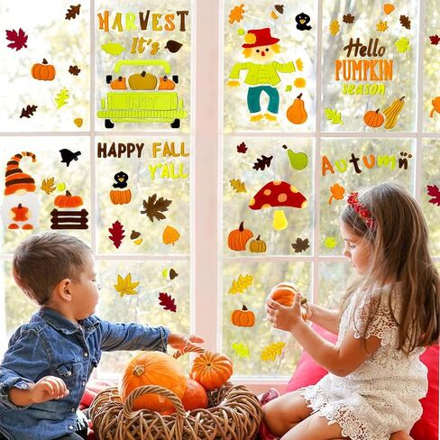 6 Sheet Fall Window Clings Gel, Happy Thanksgiving Autumn Harvest Pumpkins Truck, Fall Leaf, School Home Supplies in Saudi Arabia