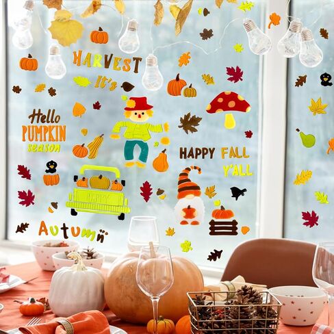 6 Sheet Fall Window Clings Gel, Happy Thanksgiving Autumn Harvest Pumpkins Truck, Fall Leaf, School Home Supplies in Saudi Arabia