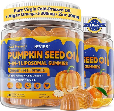 Pumpkin Seed Oil Gummies with Saw Palmetto + Omega-3, Zinc, Vitamins A, C & E - Essential Fatty Acid, Cold Pressed Pumpkin Seed Oil for Hair Growth, Skin, Prostate, Urinary & Bladder, 60-Days Supply in Kuwait
