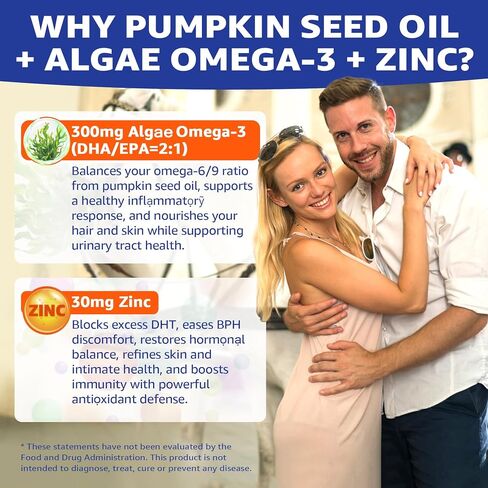 Pumpkin Seed Oil Gummies with Saw Palmetto + Omega-3, Zinc, Vitamins A, C & E - Essential Fatty Acid, Cold Pressed Pumpkin Seed Oil for Hair Growth, Skin, Prostate, Urinary & Bladder, 60-Days Supply in Kuwait