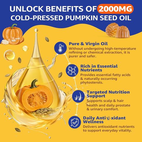 Pumpkin Seed Oil Gummies with Saw Palmetto + Omega-3, Zinc, Vitamins A, C & E - Essential Fatty Acid, Cold Pressed Pumpkin Seed Oil for Hair Growth, Skin, Prostate, Urinary & Bladder, 60-Days Supply in Kuwait