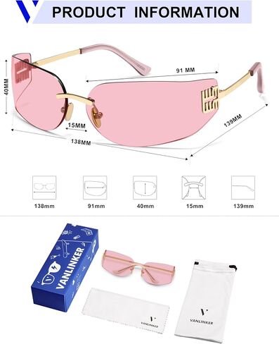 VANLINKER Y2K 90s Sunglasses for Women Trendy Wrap Around Rimless Frame Fashion Rectangle Tinted Frameless Shades VL9924 in Kuwait