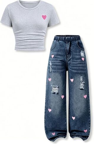 Girls Outfits 2Piece Embroidered Heart Short-Sleeved Top and Jeans Pants Clothing Set Size 7-14 Years in Saudi Arabia