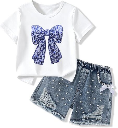 Size 5-13 Years Girl Clothes Bowknot Print T-Shirt Jeans Shorts Set Teen Tween Girls 2 Piece Summer Outfits Sets in Kuwait