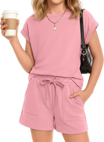 Oakgarden Girls 2 Piece Outfits Kids Cap Sleeve T Shirt and Drawstring Shorts with Pockets Summer Clothing Sets 5-14 Years in Kuwait