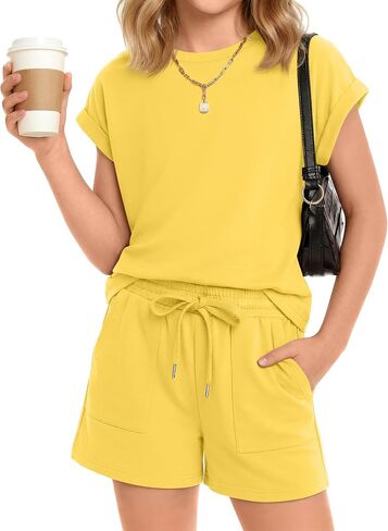 Oakgarden Girls 2 Piece Outfits Kids Cap Sleeve T Shirt and Drawstring Shorts with Pockets Summer Clothing Sets 5-14 Years in Kuwait