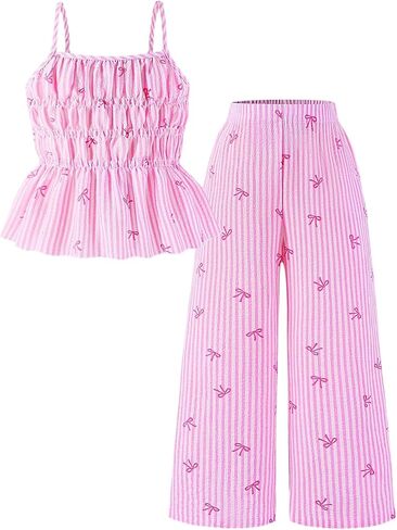 Verdusa Girl's 2 Piece Coquette Bow Outfits Striped Sleeveless Shirred Peplum Tops with Pants Vacation Sets in Kuwait