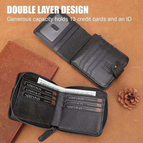STAR VISTA Aurel Full Grain Leather Wallet for Men, RFID Blocking, 13 Card Slots, YKK Zipper Compartment, AirTag Slot, ID Window, Black in Saudi Arabia