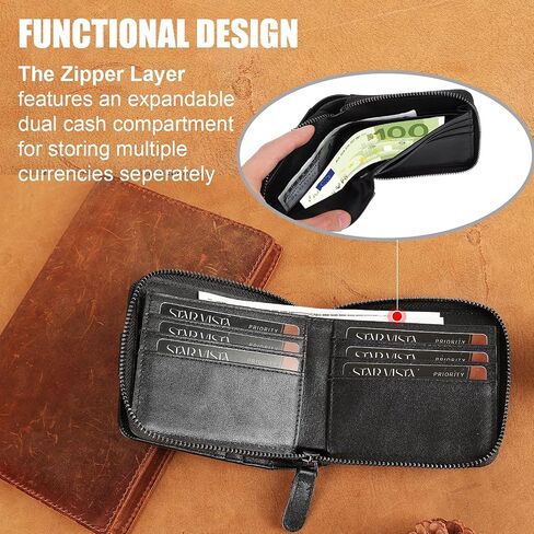 STAR VISTA Aurel Full Grain Leather Wallet for Men, RFID Blocking, 13 Card Slots, YKK Zipper Compartment, AirTag Slot, ID Window, Black in Saudi Arabia