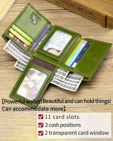 Trifold Wallet for Men and Women, RFID Blocking Cowhide Leather Wallet with 2 Clear ID Windows, 11 Card Slots, Slim Design and Snap Closure for Everyday Carry, Travel and Gifts (Green) in Kuwait