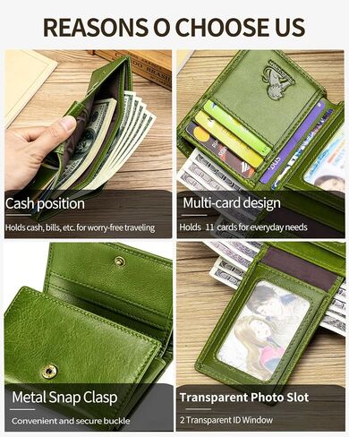 Trifold Wallet for Men and Women, RFID Blocking Cowhide Leather Wallet with 2 Clear ID Windows, 11 Card Slots, Slim Design and Snap Closure for Everyday Carry, Travel and Gifts (Green) in Kuwait
