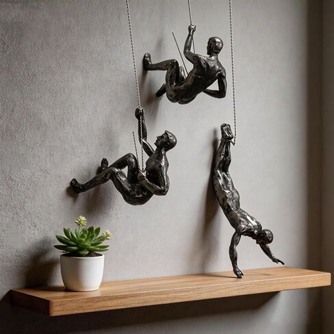 NestVogue Set of 3 Climbing Man Wall Sculpture - 3D Industrial Mountaineering Statue, Modern Abstract Rock Climber Wall Art, Easy-to-Hang Resin Figurine for Home Gym Office Decor, Vintage Bronze in Kuwait