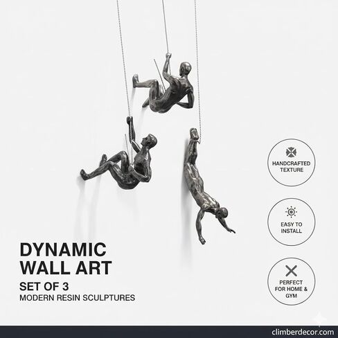 NestVogue Set of 3 Climbing Man Wall Sculpture - 3D Industrial Mountaineering Statue, Modern Abstract Rock Climber Wall Art, Easy-to-Hang Resin Figurine for Home Gym Office Decor, Vintage Bronze in Kuwait