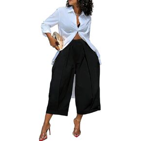 Women Palazzo Pants Wide Leg Cropped Capris Baggy Casual High Pants Trousers Stretchy Waist with Pockets in Saudi Arabia