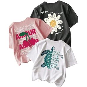 Girls Graphic T-Shirt 3-Pack, Printed Short Sleeve Crewneck Tees for Kids 8–14 in Kuwait