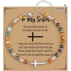 Christian Cross Bracelet for Women, Birthday Gift for Christian Sister, Natural Stone Beaded Stainless Steel Confirmation Baptism Jewelry in Kuwait