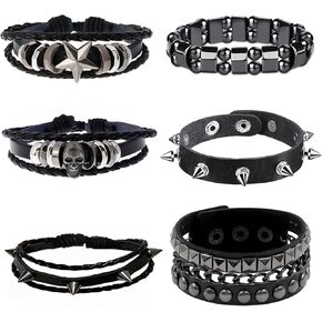 YMO 6 Pieces Spiked Bracelets, Studded Bracelet Emo Bracelets Black Leather Cuff Wristband Rivet Punk Bracelet Goth Punk Accessories for Women Men (Punk Skull Spiked) in Saudi Arabia
