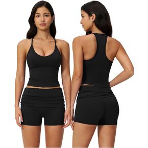 QBGJTD Two Piece Workout Sets for Women V Neck Racerback Tank Tops and High Waist Shorts Gym Yoga Outfits in Saudi Arabia
