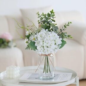 LADADA White Artificial Hydrangea Bouquet with Glass Vase - 15.7" Faux Hydrangea & Eucalyptus Arrangement, Fake Flowers in Vase for Table Centerpiece, Bathroom, Kitchen & Farmhouse Home Decor in Saudi Arabia