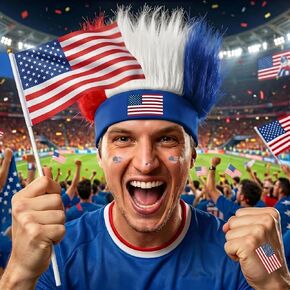 2 in 1 USA Fan Gear Set: Patriotic Crazy Hair Headband & Hand Held Small American Flags on Stick - Red White and Blue World Cup 2026 Accessories for 4th of July Independence Day Party Supplies in Kuwait