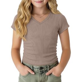 Girl's Shirts Kids Short Cap Sleeve Ribbed Knit Tees V Neck Slim Fit Stretchy T-Shirt Casual Basic Summer Tops in Kuwait