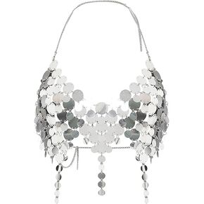Women's Metallic Sequin Halter Body Chain Top, Adjustable Size, Backless Design, Festival Rave Outfit（Silver） in Saudi Arabia