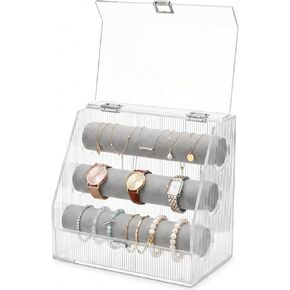 Acrylic Bracelet Holder, 3 Tier Velvet Rod Jewelry Organizer, Clear Wave Texture Trapezoid Display for Bangles, Necklaces, Watches, Vanity Dresser in Saudi Arabia