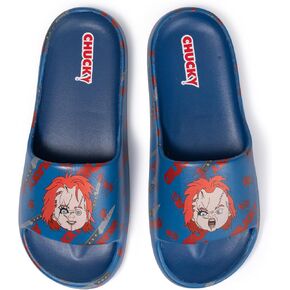 Chucky Pool Sandals Men's Blue All-Over Print Pool Slides - Quick-Dry Beach Doll Motifs Flip-flops, Adult Sizes 8/9-12 Water Shoes for Fans in Saudi Arabia