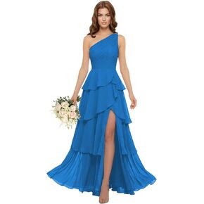 Chiffon Tiered Ruffle Bridesmaid Dresses for Women with Slit One Shoulder Pleated Formal Prom Evening Gowns in Saudi Arabia