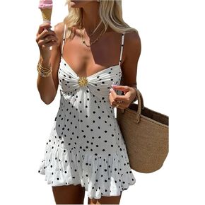 Verdusa Women's Mini Dress Polka Dots Bubble Dresses Metal Ruched Ruffle Mini Cami Dress Vacation Party Outfits in Saudi Arabia