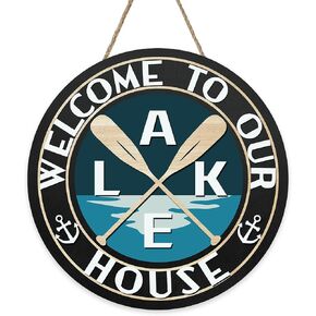 Lake Life Welcome to Our House Front Door Sign, Lakehouse Paddle Family Wood Hanger Outdoor Outside Porch Home Decor, Nautical Anchor Farmhouse Wooden Wreath Indoor Wall Hanging Decoration in Kuwait